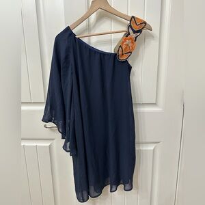 Judith March Navy Dress with Orange Embellished Strap Sz Med Flowy